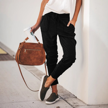 Дамски памучно-смесени панталони с ластик и връзки, средна талия, джобове, стил уличен хипстър, тесни крачоли