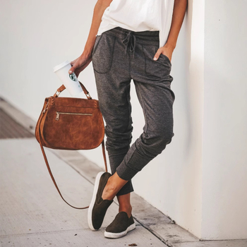 Дамски памучно-смесени панталони с ластик и връзки, средна талия, джобове, стил уличен хипстър, тесни крачоли