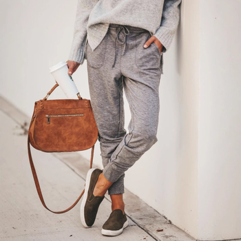 Дамски памучно-смесени панталони с ластик и връзки, средна талия, джобове, стил уличен хипстър, тесни крачоли