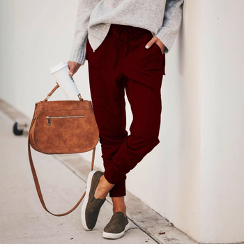 Дамски памучно-смесени панталони с ластик и връзки, средна талия, джобове, стил уличен хипстър, тесни крачоли