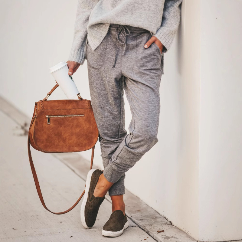 Ženske hlače od pamutno-smjese s elastičnim vezanjem, džepovi, srednji pojas, street hipster stil, uske nogavice