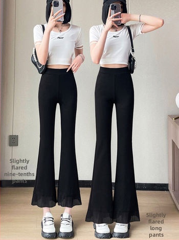 Ежедневни дамски панталони с средна талия и микроразкроен крак, плат брокадо памук, смес вискоза-найлон, тънък материал