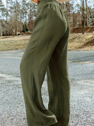 Moterys plačios kelnės su aukšta juosmeniu, medvilnės-poliesterio mišinio audinys, mikroelastika, plisė tekstūra, kasdienio japonų ir korėjiečių stiliaus.