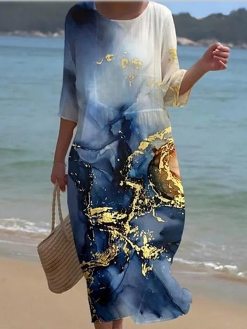 Μίντι φόρεμα Α-γραμμής με λαιμό crewneck, φλοράλ εκτύπωση, πολυεστέρας, μανίκια 7 σημείων