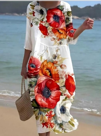 Μίντι φόρεμα Α-γραμμής με λαιμό crewneck, φλοράλ εκτύπωση, πολυεστέρας, μανίκια 7 σημείων