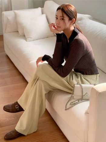 Дамски панталони с висока талия, прави и широки крачоли, полиестер-спандекс смес, нишково боядисана тъкан, пролет 2024