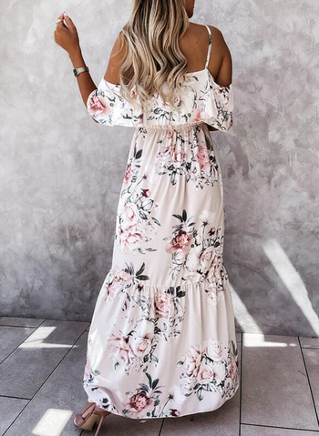 Γυναικεία βαμβακερή εκτυπωμένο μίντι φόρεμα με V-λαιμό, ραγκλάν μανίκια και τιράντες πίσω