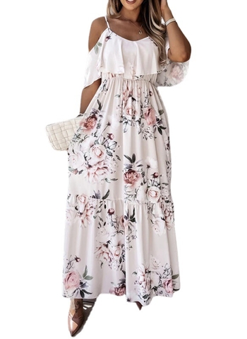 Γυναικεία βαμβακερή εκτυπωμένο μίντι φόρεμα με V-λαιμό, ραγκλάν μανίκια και τιράντες πίσω