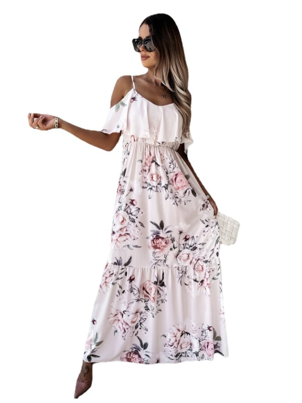 Rochie midi din bumbac imprimată, decolteu în V, mâneci raglan, bretele în spate
