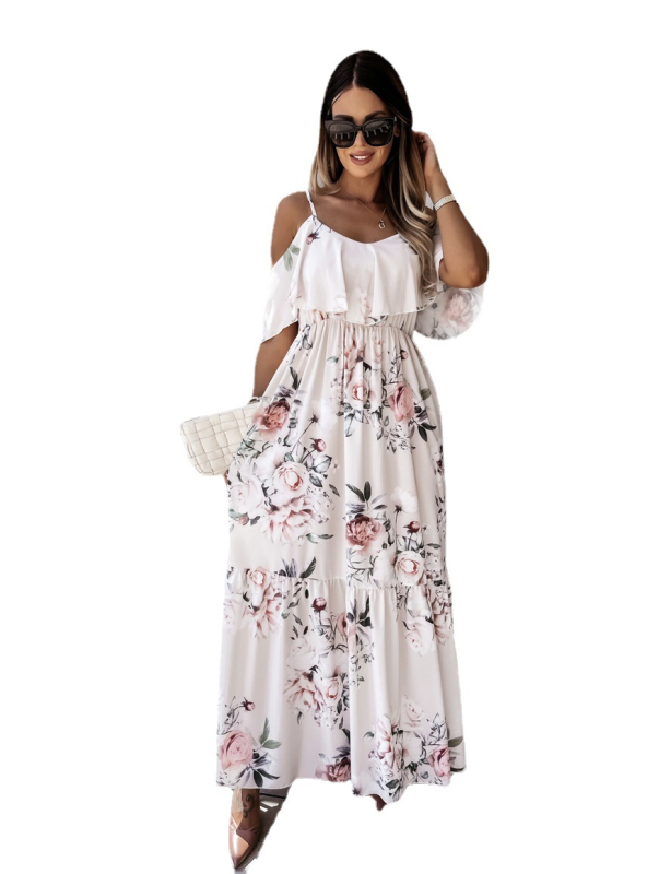 Rochie midi din bumbac imprimată, decolteu în V, mâneci raglan, bretele în spate