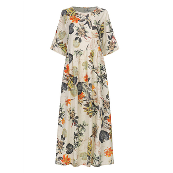 Φόρεμα με vintage φλοράλ εκτύπωση, στρογγυλός γιακάς, μακριά μανίκια, ψηλή μέση και μακριά φούστα Α-γραμμής