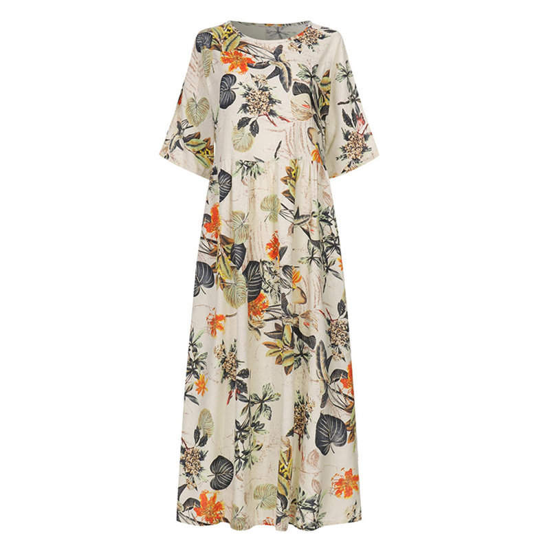 Rochie cu imprimeu floral vintage, guler rotund, mâneci lungi, talie înaltă și fustă lungă în linie A