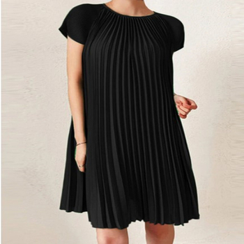 rochie cu guler rotund, mâneci scurte Raglan, plisuri, lungime midi, poliester 70–80%