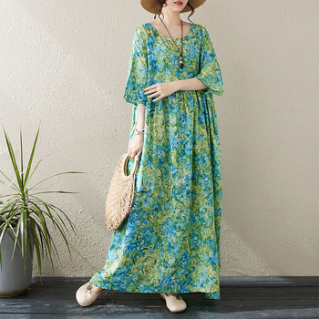 Μακρύ μποέμ φόρεμα, στρογγυλός λαιμός, Α-γραμμή, εκτύπωση, μείγμα βαμβακι-λίνου, χαλαρή μέση, Καλοκαίρι 2025