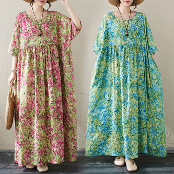 Μακρύ μποέμ φόρεμα, στρογγυλός λαιμός, Α-γραμμή, εκτύπωση, μείγμα βαμβακι-λίνου, χαλαρή μέση, Καλοκαίρι 2025