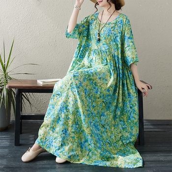 Μακρύ μποέμ φόρεμα, στρογγυλός λαιμός, Α-γραμμή, εκτύπωση, μείγμα βαμβακι-λίνου, χαλαρή μέση, Καλοκαίρι 2025