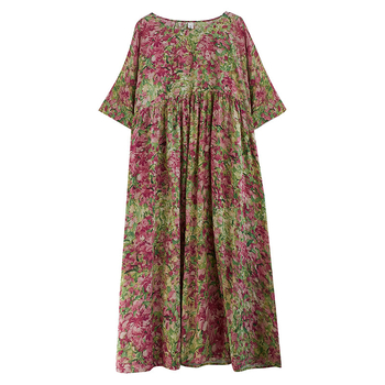 Μακρύ μποέμ φόρεμα, στρογγυλός λαιμός, Α-γραμμή, εκτύπωση, μείγμα βαμβακι-λίνου, χαλαρή μέση, Καλοκαίρι 2025