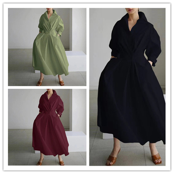 Rochie-cămașă cu guler POLO, bumbac, mâneci lungi, talie elastică, fustă cu croială neregulată