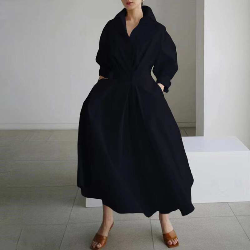 Rochie-cămașă cu guler POLO, bumbac, mâneci lungi, talie elastică, fustă cu croială neregulată