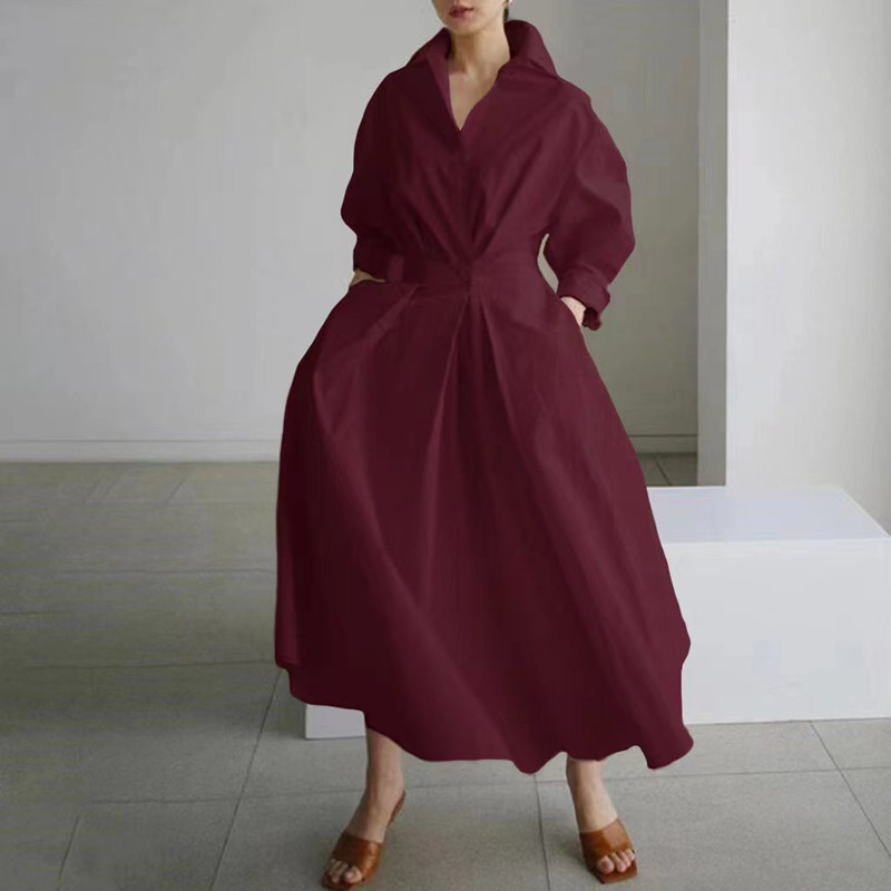Rochie-cămașă cu guler POLO, bumbac, mâneci lungi, talie elastică, fustă cu croială neregulată