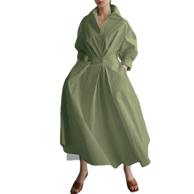 Rochie-cămașă cu guler POLO, bumbac, mâneci lungi, talie elastică, fustă cu croială neregulată