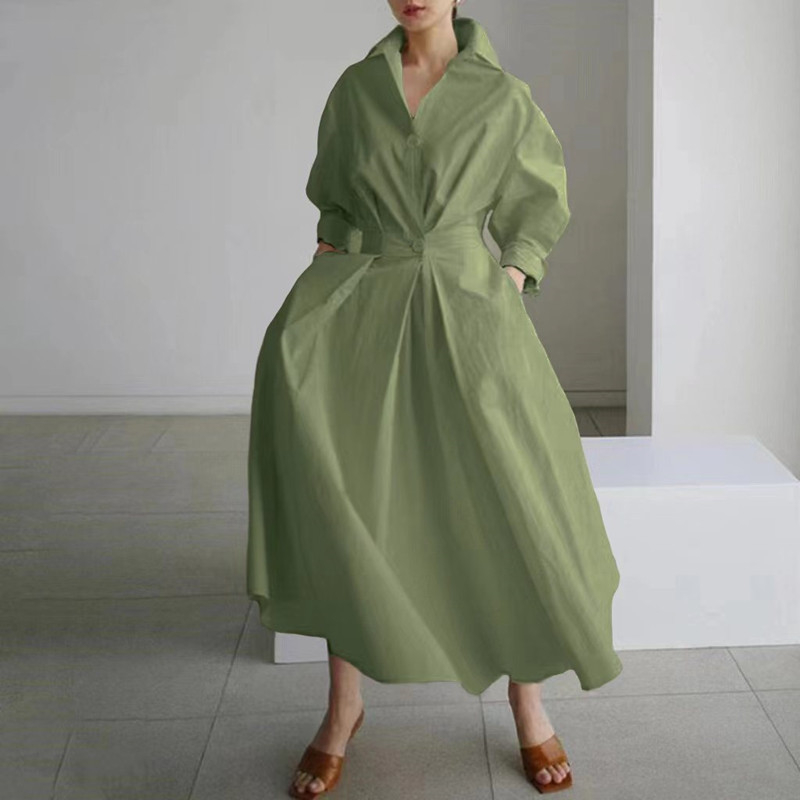 Rochie-cămașă cu guler POLO, bumbac, mâneci lungi, talie elastică, fustă cu croială neregulată