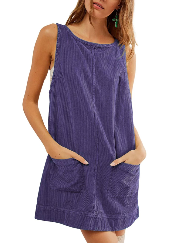 Rochie corduroy în croială A-line, fără mâneci, guler rotund, lungime midi