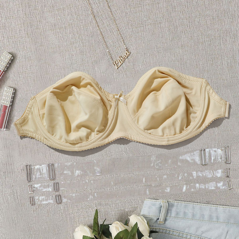 Nailoninė tube-top liemenėlė su išimamomis dvigubomis petnešėlėmis, atvira nugara, pagrindinis audinys 80–90% nailonas, pamušalas 15% spandekso