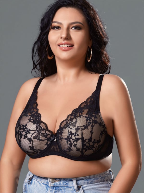 Biustų komplektas su nėrinių raštu ir skaidriu tinklu, su palaikymo kostiumėliu, Push-Up ir tempimas, plonas formuojamas puodelis