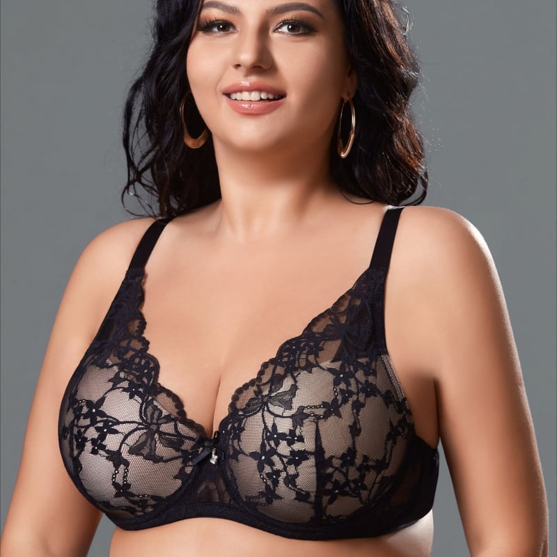 Biustų komplektas su nėrinių raštu ir skaidriu tinklu, su palaikymo kostiumėliu, Push-Up ir tempimas, plonas formuojamas puodelis