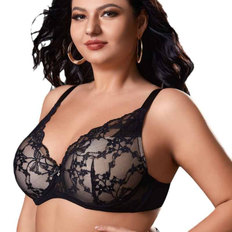 Biustų komplektas su nėrinių raštu ir skaidriu tinklu, su palaikymo kostiumėliu, Push-Up ir tempimas, plonas formuojamas puodelis