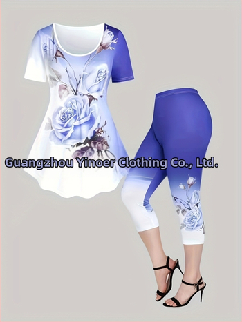 Σετ δύο τεμαχίων με φλοράλ εκτύπωση: τοπ με κοντό μανίκι και παντελόνι μήκους 7/10, 3D μοτίβο, ψηφιακή εκτύπωση, ύφασμα milk silk