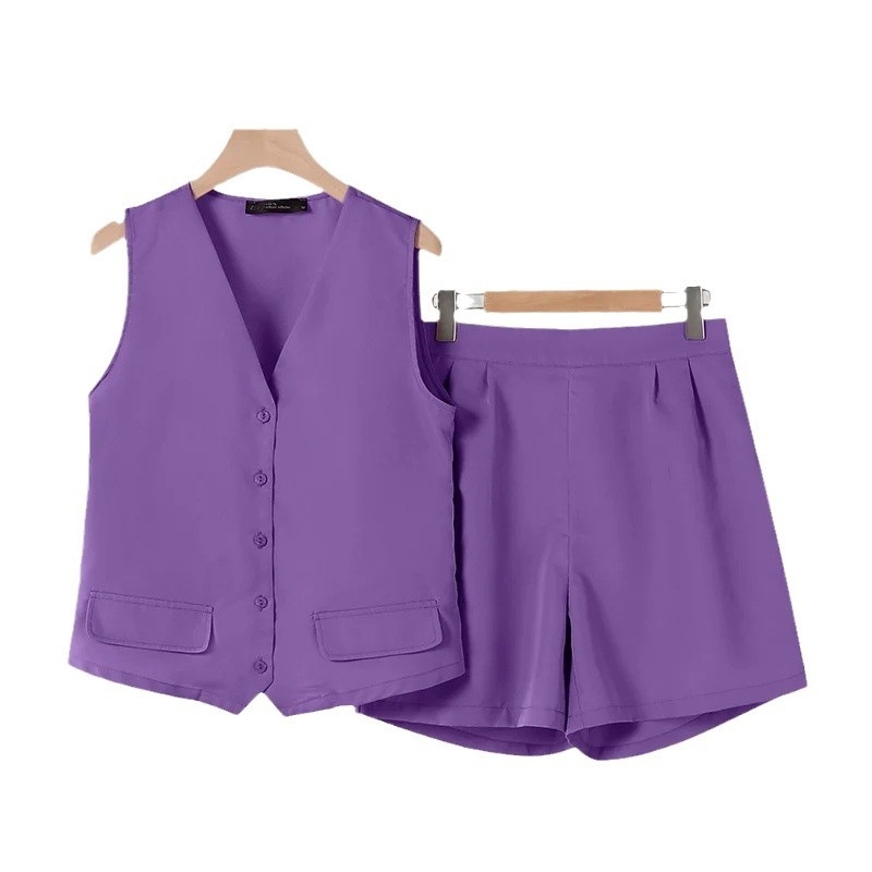 Безръкав жилет и къси панталони, 2 части, едноцветен, еластична талия, половин дължина, офисен стил