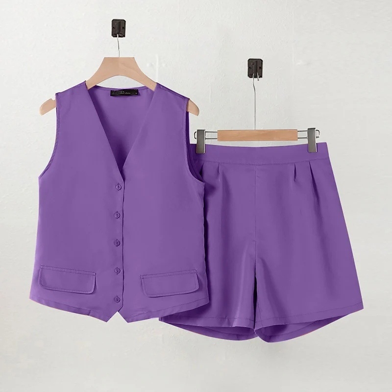 Безръкав жилет и къси панталони, 2 части, едноцветен, еластична талия, половин дължина, офисен стил