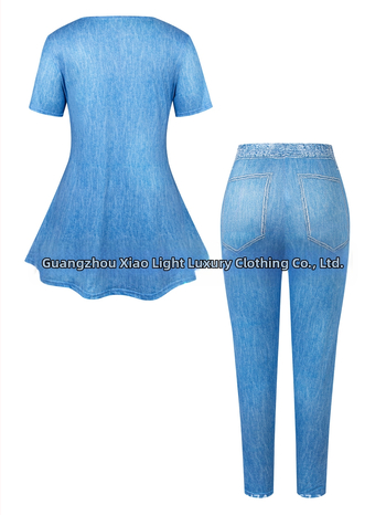 Γυναικείο εκτυπωμένο σετ με παντελόνι και κοντομάνικη μπλούζα, πολυεστέρας-σπαντέξ 90–95%, Φθινοπωρινό 2024, στυλ leisure ιαπωνικο-κορεατικό