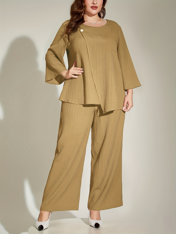 Дамски двучастков панталонен костюм, полиестер, есен 2024, 95%+ полиестер, ръкав камбанка