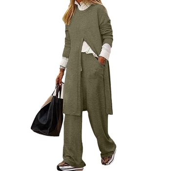 Σετ γυναικείου τοπ με σχίσιμο και παντελόνια, κομψό ευρωπαϊκο-αμερικανικό στυλ, πολυεστέρας 95%+, άνοιξη 2025, casual office