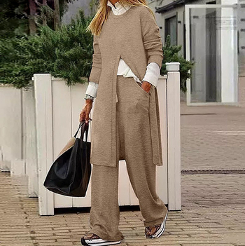 Σετ γυναικείου τοπ με σχίσιμο και παντελόνια, κομψό ευρωπαϊκο-αμερικανικό στυλ, πολυεστέρας 95%+, άνοιξη 2025, casual office