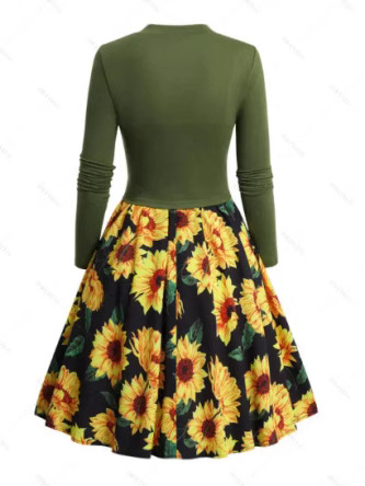 Костюм от две части със слънчогледов принт и дълги ръкави, полиестер, пролет 2025