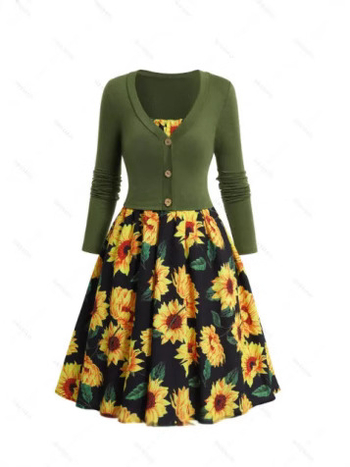 Костюм от две части със слънчогледов принт и дълги ръкави, полиестер, пролет 2025