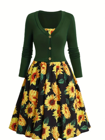 Костюм от две части със слънчогледов принт и дълги ръкави, полиестер, пролет 2025