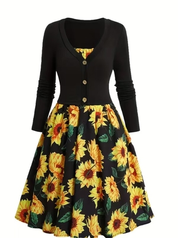 Костюм от две части със слънчогледов принт и дълги ръкави, полиестер, пролет 2025