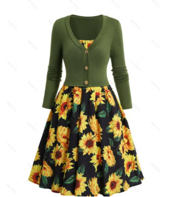 Костюм от две части със слънчогледов принт и дълги ръкави, полиестер, пролет 2025