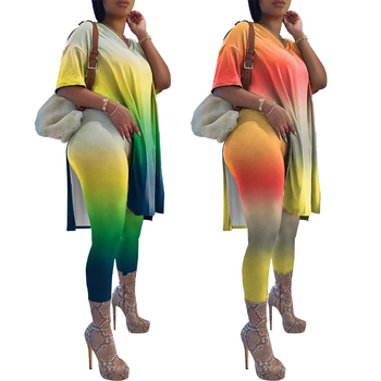 F1371 Set de damă: top cu tiv gradient și pantaloni – mâneci scurte, poliester 95% + spandex, imprimare