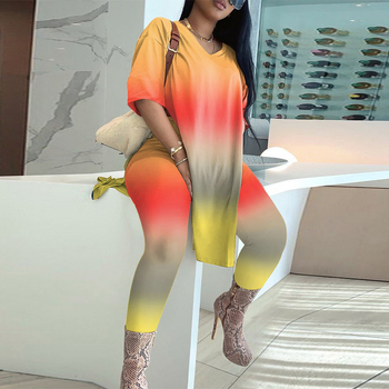 F1371 Γυναικείο σετ δύο τεμαχίων με τοπ σε διαβαθμισμένο σχέδιο και παντελόνια – μισό μανίκι, πολυεστέρας 95% + σπάντεξ, εκτύπωση