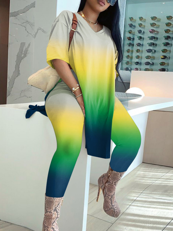 F1371 Set de damă: top cu tiv gradient și pantaloni – mâneci scurte, poliester 95% + spandex, imprimare