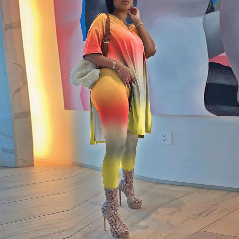 F1371 Set de damă: top cu tiv gradient și pantaloni – mâneci scurte, poliester 95% + spandex, imprimare