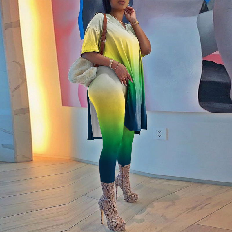 F1371 Set de damă: top cu tiv gradient și pantaloni – mâneci scurte, poliester 95% + spandex, imprimare