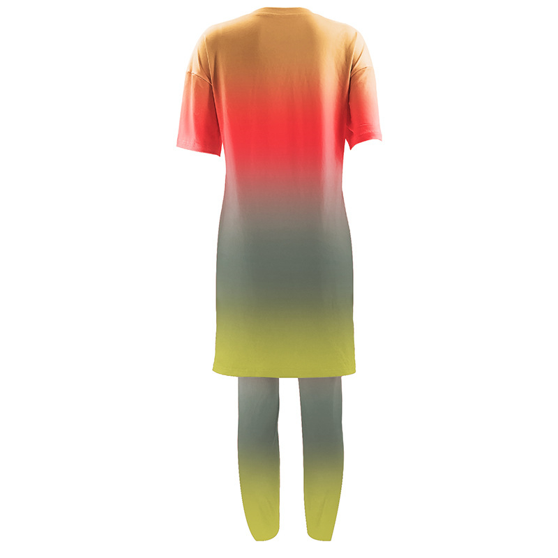 F1371 Set de damă: top cu tiv gradient și pantaloni – mâneci scurte, poliester 95% + spandex, imprimare