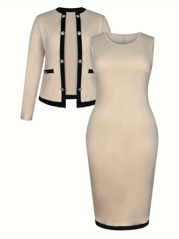 Дамски двукомпонентен комплект: плетено яке и рокля с дълъг ръкав, полиестер/еластанова смес, елегантен стил, ежедневен костюм